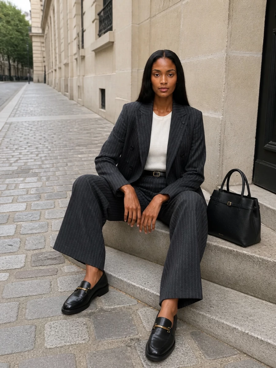Lardini pinstripe blazer wide leg trousers outfit