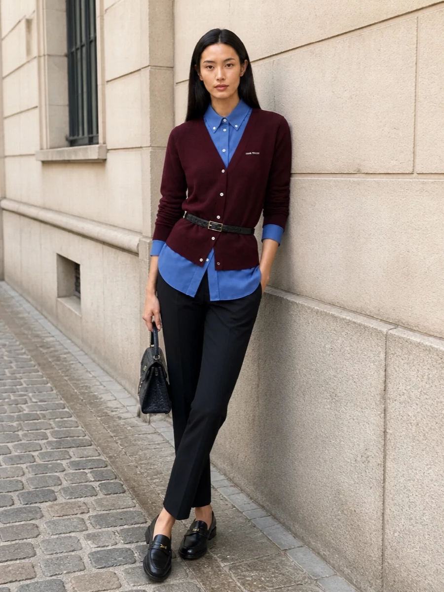 Miu miu layered shirt cardigan tailored trousers