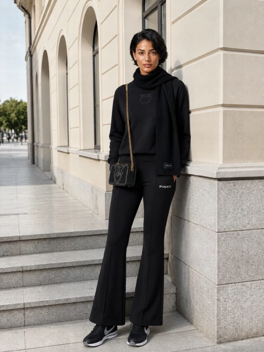 Pinko black sweatshirt flared pants nike sneakers