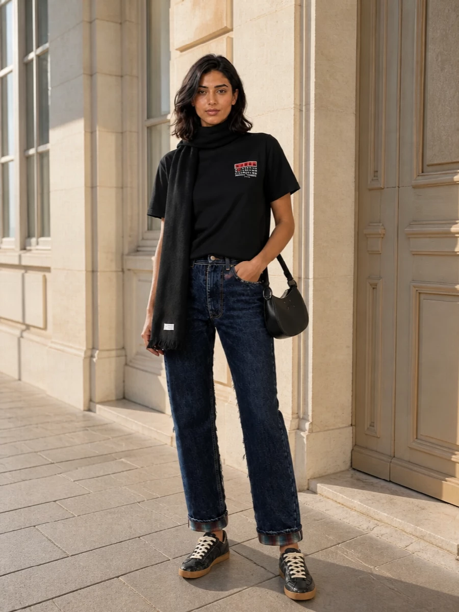 A graphic Margiela tee sits against dark, subtly deconstructed denim for a grounded, downtown base. Cracked black sneakers and a curved shoulder bag keep everything low-key and monochrome, with a single logoed scarf adding texture and just enough attitude. It is an easy, gallery-to-evening uniform that reads insider without trying too hard.