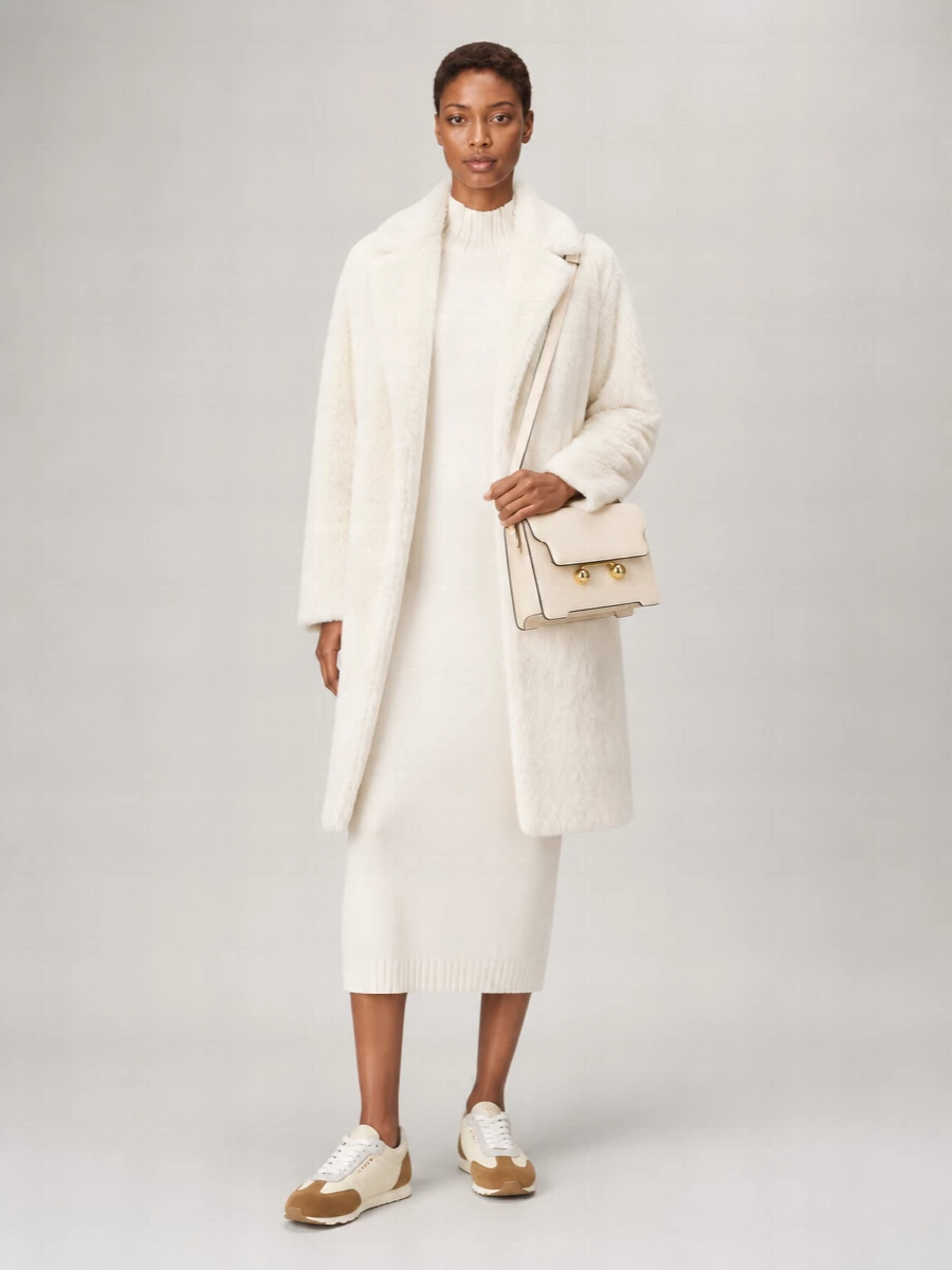 I chose the dress path to keep this about a single, elongated ivory column under the faux fur coat rather than breaking the line with separate top and trouser. The result is a winter-white knit dress, plush coat, and clean cream accessories that feel quietly polished but relaxed enough for daytime art openings or long lunches. The slim runner and structured bag stop the texture play from tipping into loungewear, keeping everything modern and intentional.