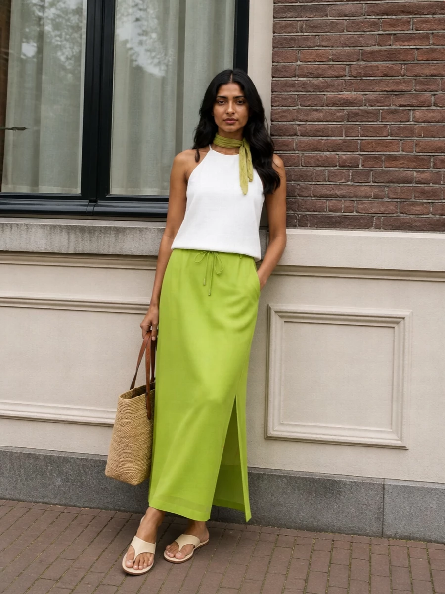 Alysi lime maxi skirt white halter outfit
