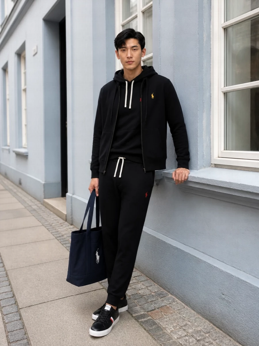 A monochrome Polo Ralph Lauren hoodie and jogger base keeps this off duty set clean, athletic and quietly collegiate. Black Tommy Hilfiger court sneakers sharpen the line, while the navy canvas tote adds just enough contrast for city errands or relaxed travel. It is an easy uniform for cool season weekends when you want comfort that still reads considered.