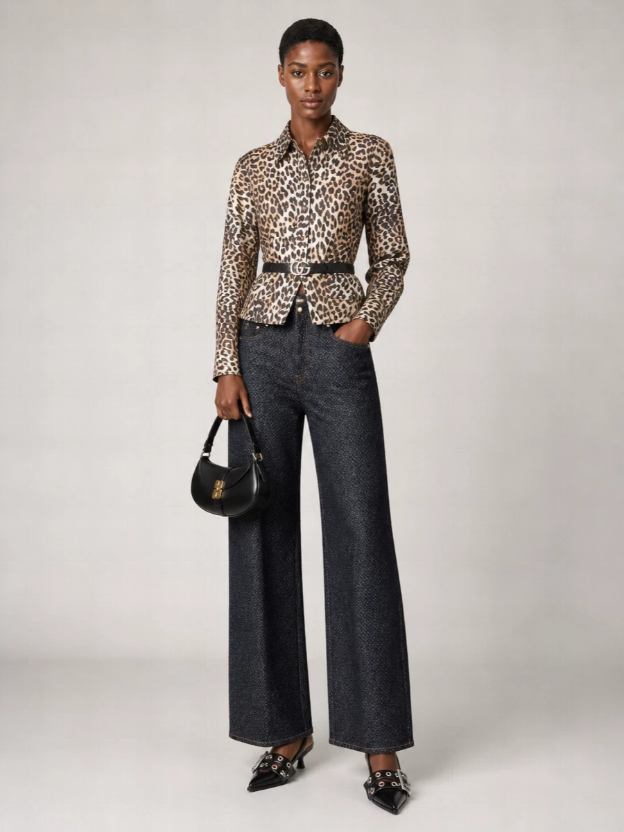 Ganni Printed Stretch Cotton Peplum Shirt