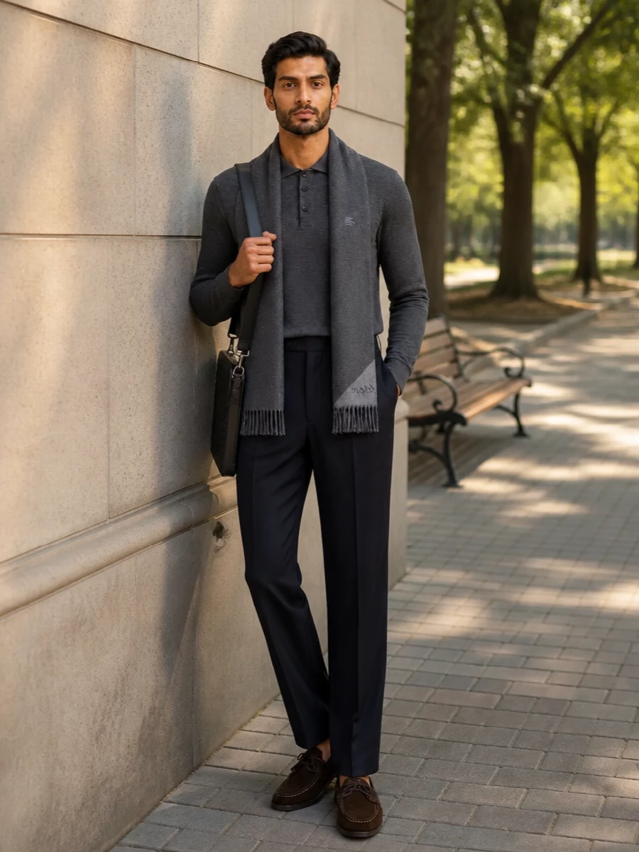 Etro knit polo navy pleated trousers prada loafers