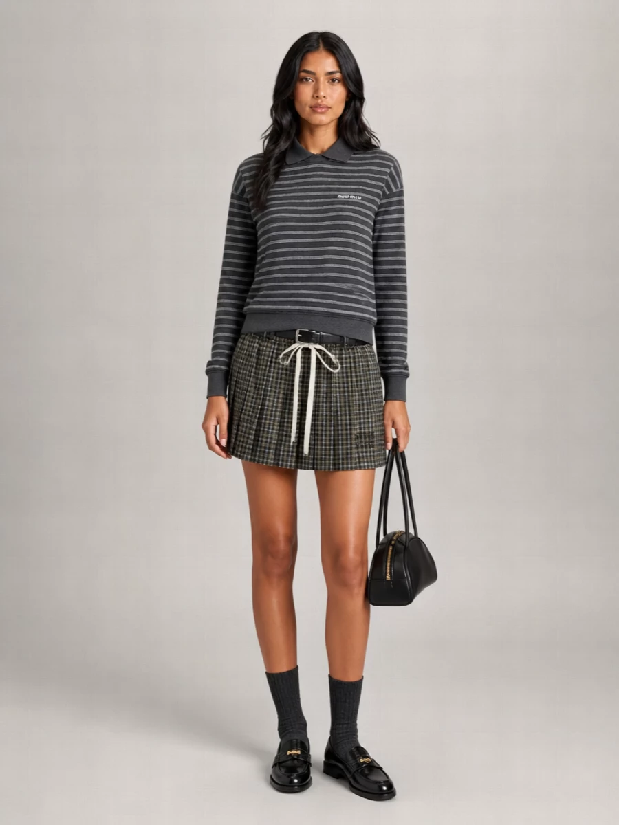 Miu Miu Cotton Tartan Pleated Mini Skirt