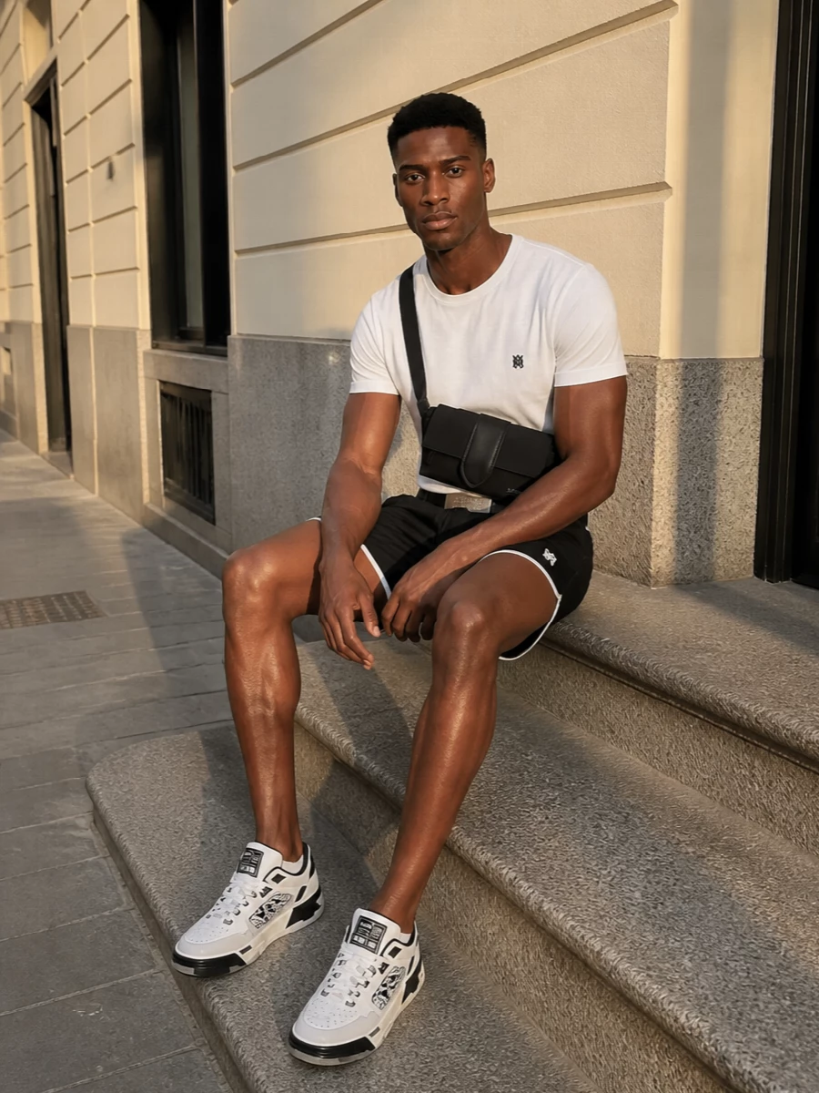Amiri black shorts white tee sneakers outfit