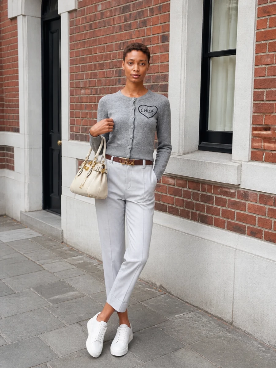 A heather grey logo cardigan meets a blush tailored mini for a soft, polished take on preppy that still feels relaxed. Ivory sneakers keep it grounded and wearable, while a buttercream top-handle and slim chocolate belt add just enough structure and gold hardware for quiet confidence. The result is clean, feminine and modern, ideal from city afternoons to low-key dinners.