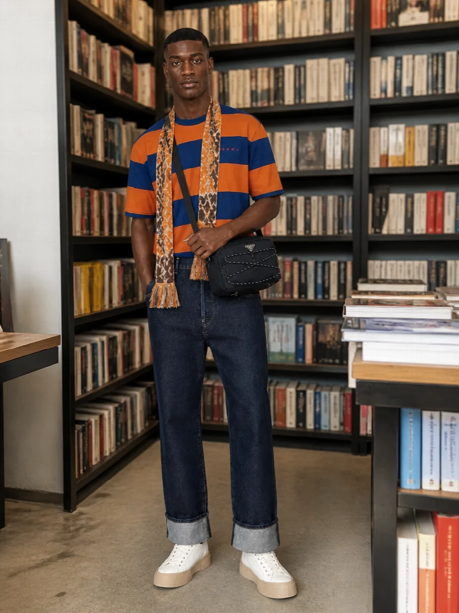 Marni striped tee cuffed indigo jeans outfit