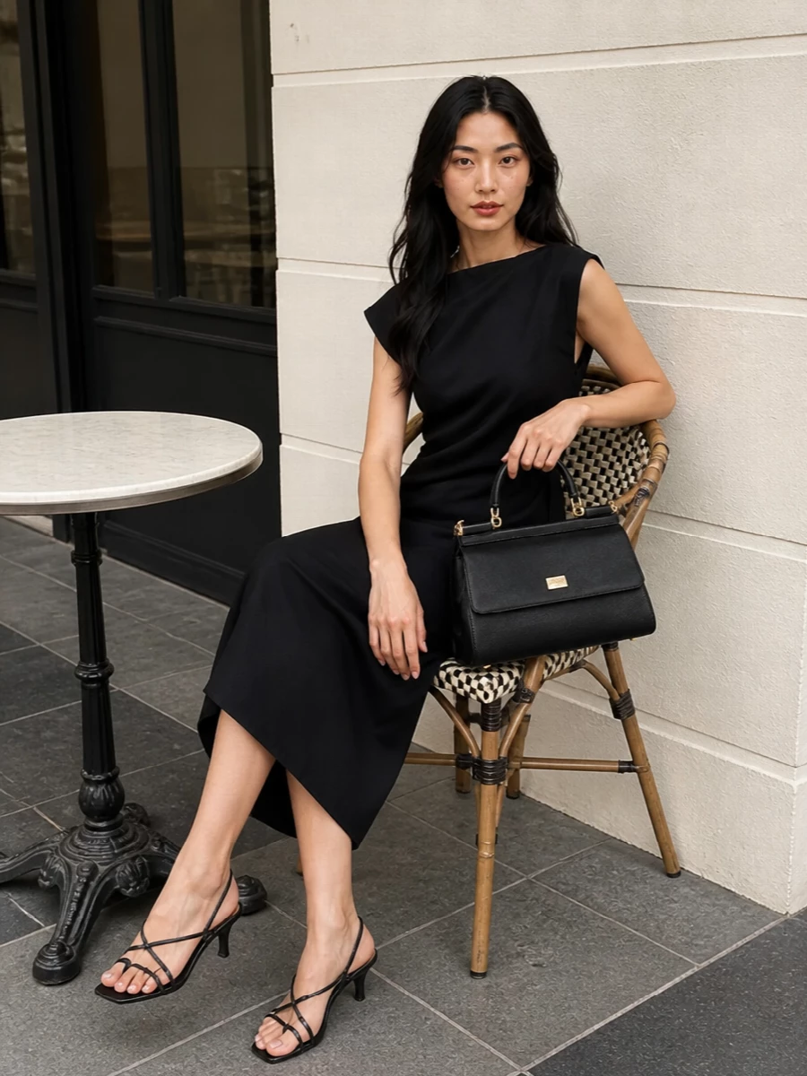 The Jacquemus asymmetric black midi and structured Dolce & Gabbana bag create a quiet yet highly architectural evening ensemble, all in a precise black base with gold accents. Choosing the dress route keeps the story clean and sculptural, letting the asymmetric shoulder and midi length carry the formality instead of breaking the line with separate tailoring. Miu Miu’s fine-strapped kitten-heel slingbacks finish it with a subtle glint of gold and a leg-lengthening profile that feels polished without overpowering the silhouette.