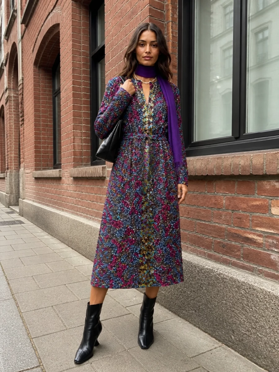 Dries van noten floral midi dress black ankle boots