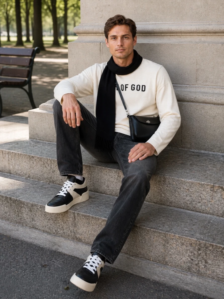 An ivory logo tee sits against washed black Fear Of God denim for a clean, two-tone base that feels calm but intentional. Sculpted high-top sneakers repeat the black-and-cream dialogue, giving the straight leg a sharper attitude. A structured black crossbody and slim wool scarf finish it with quiet city precision and just enough texture to feel considered from coffee runs to late dinners.