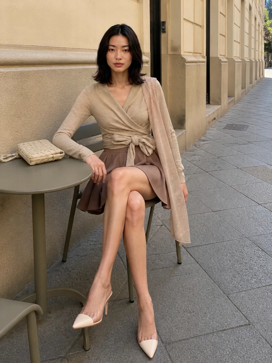 Alaia wrap knit taupe mini skirt outfit