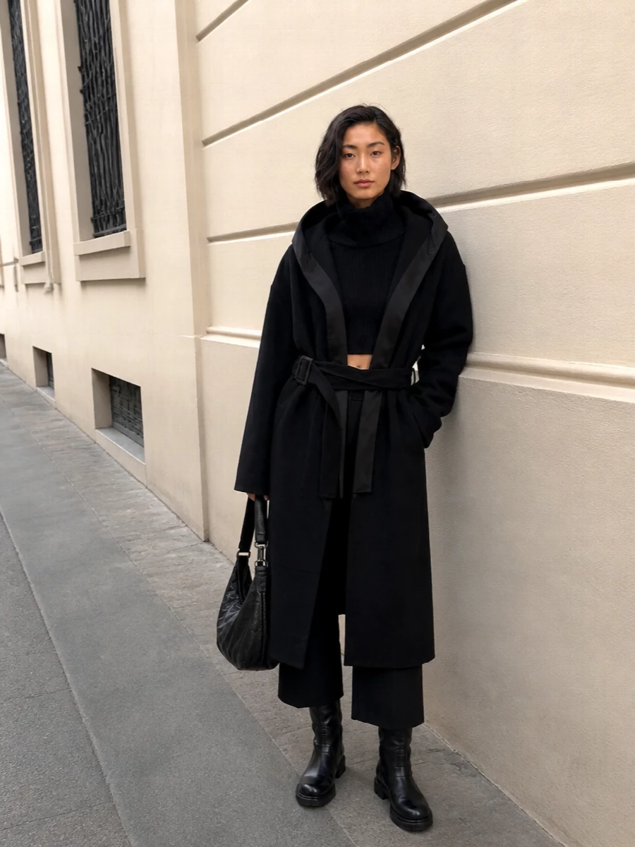 Rick owens cocoon coat wide leg trousers outfit