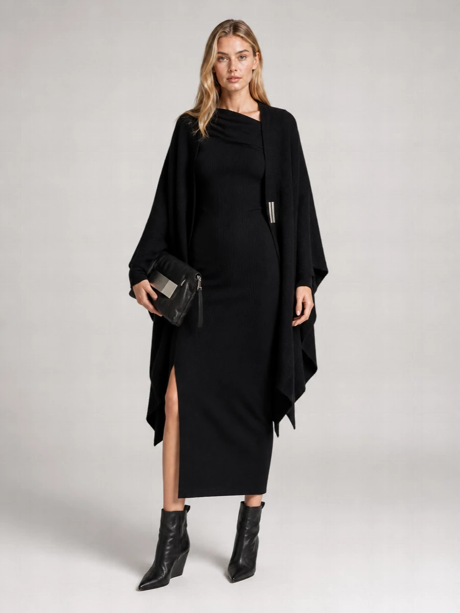 Rick Owens Wool Hooded Draped Cape