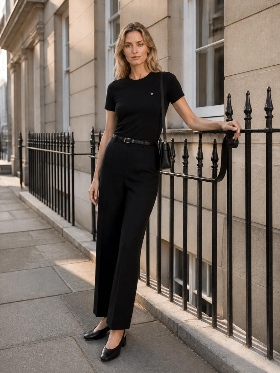 Max mara black wide leg trousers tee outfit