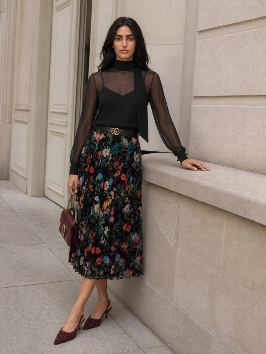Gucci’s botanical pleated skirt is grounded with a sheer black blouse, letting the print read rich rather than busy. Burgundy mesh slingbacks and a matching structured shoulder bag pull out the warmer petals in the pattern, while a slim black belt quietly defines the waist. It is romantic city dressing that moves easily from daytime plans to low-lit dinners with only a change of lipstick.