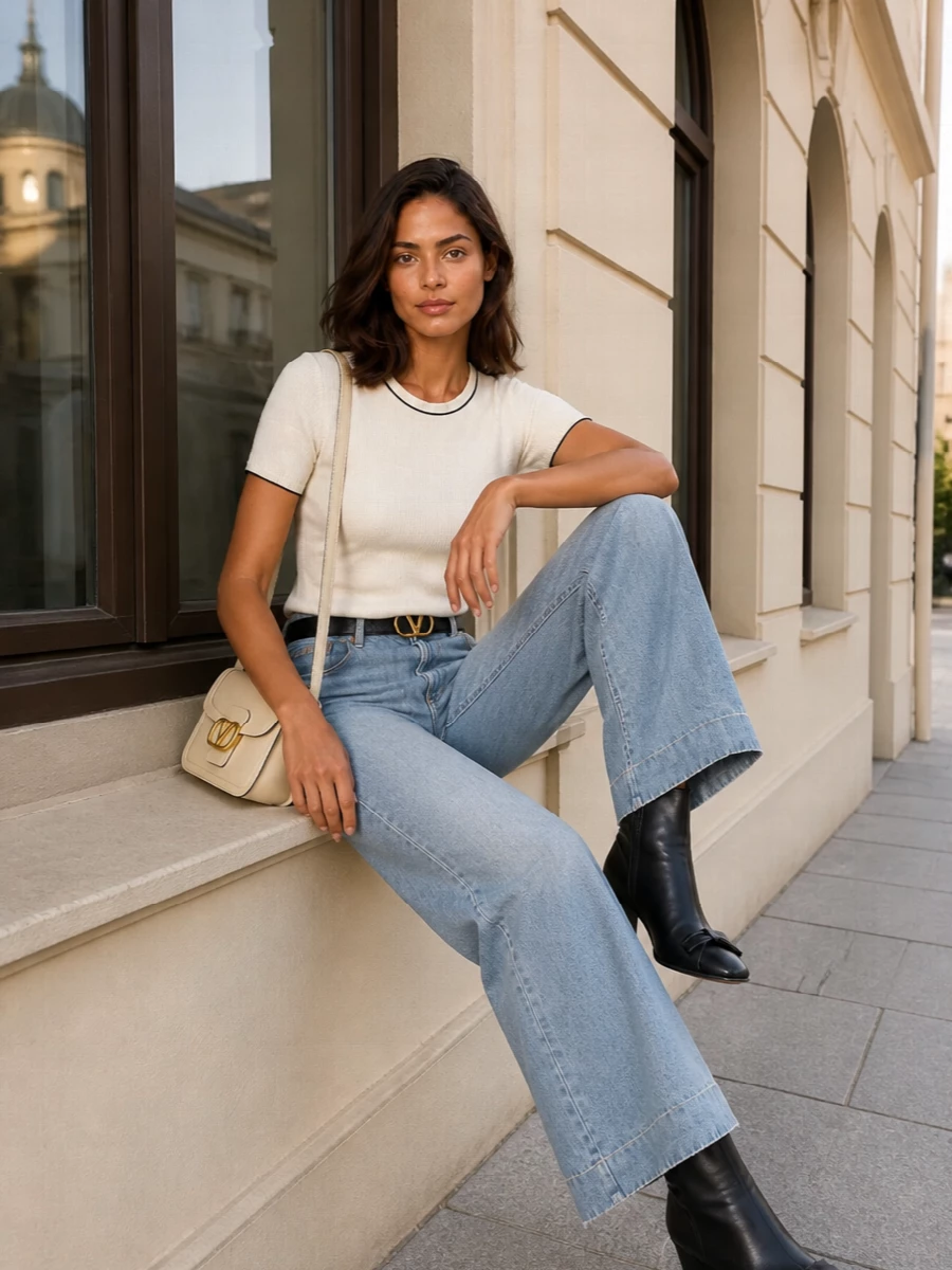 Valentino wide leg jeans ivory top ankle boots