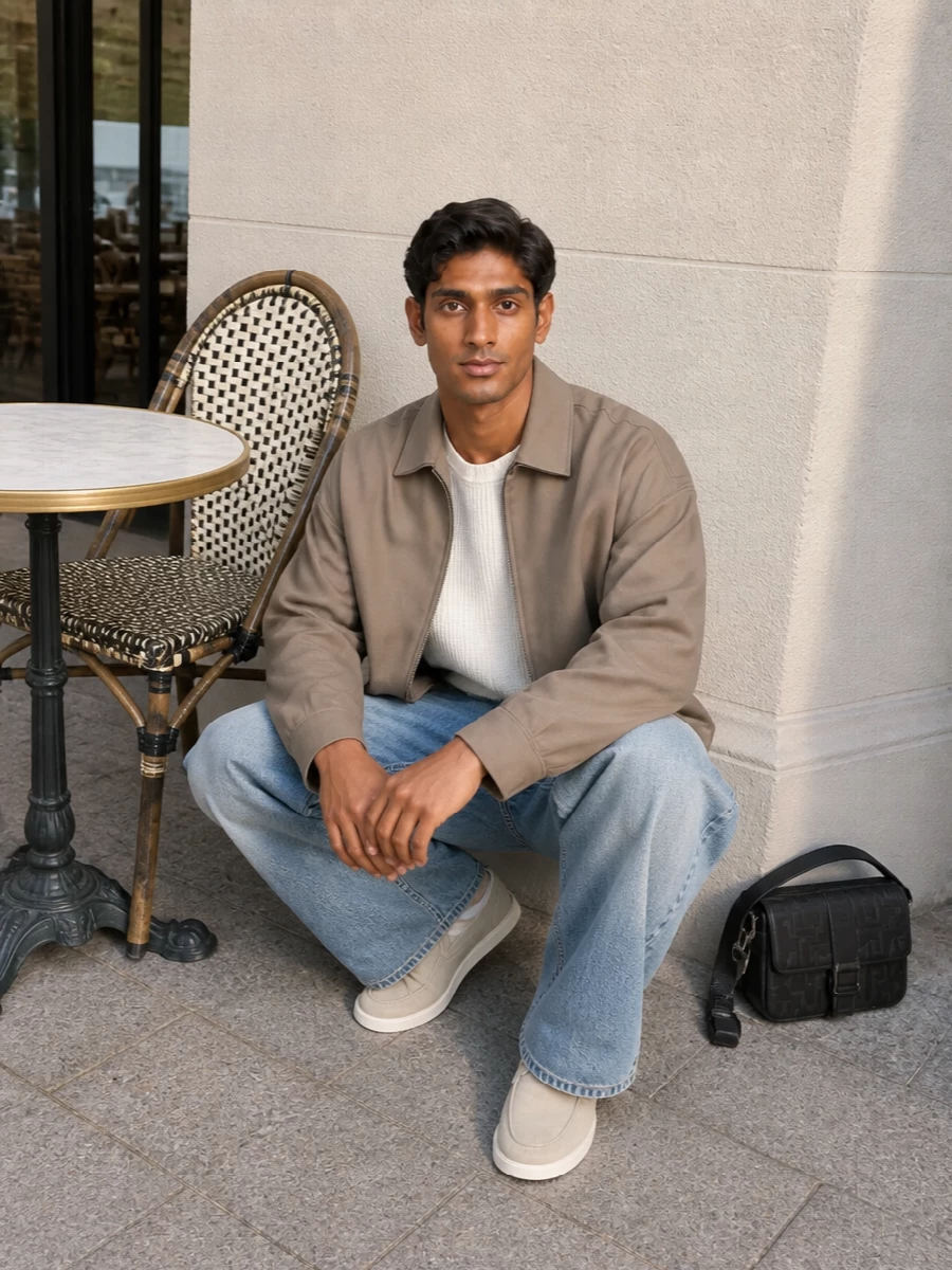 Fear of god taupe jacket wide leg jeans outfit