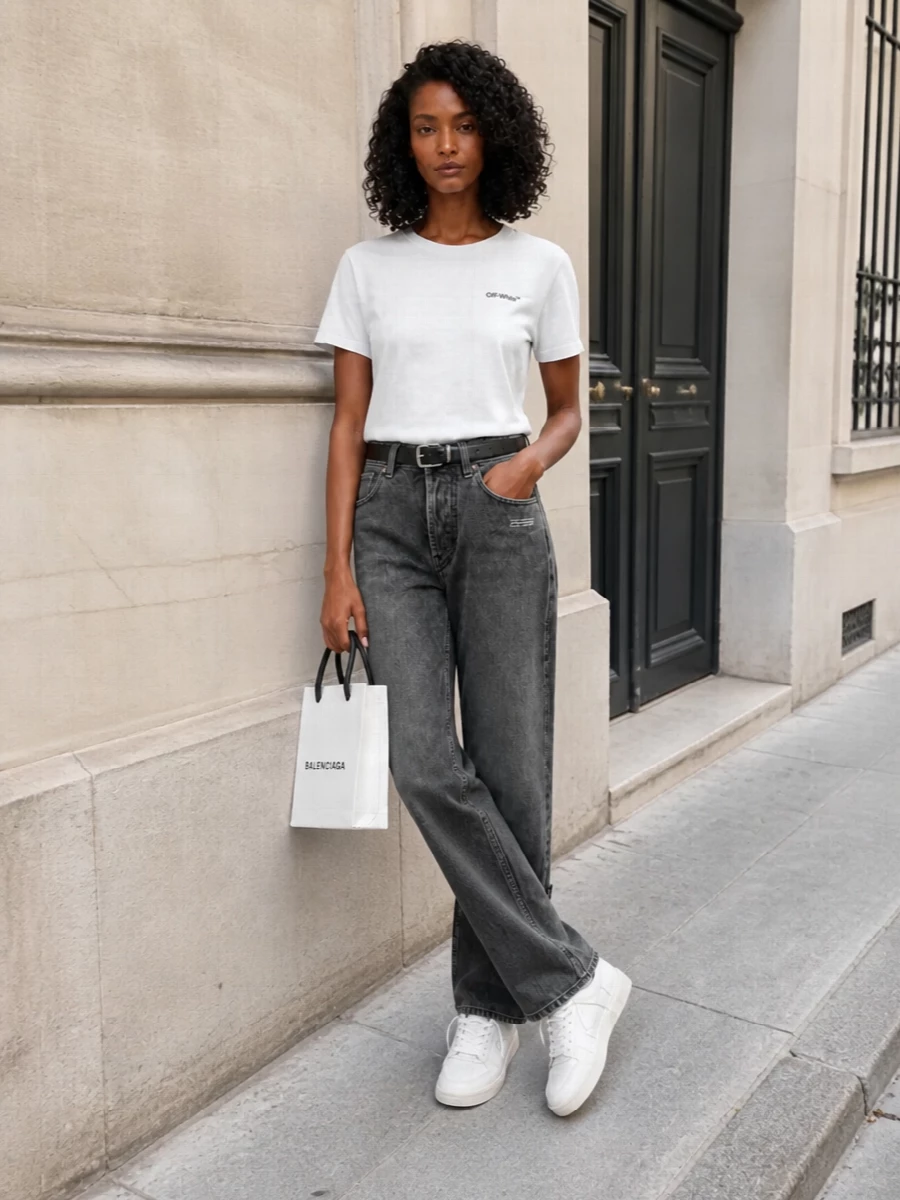Off white denim streetwear outfit mini tote