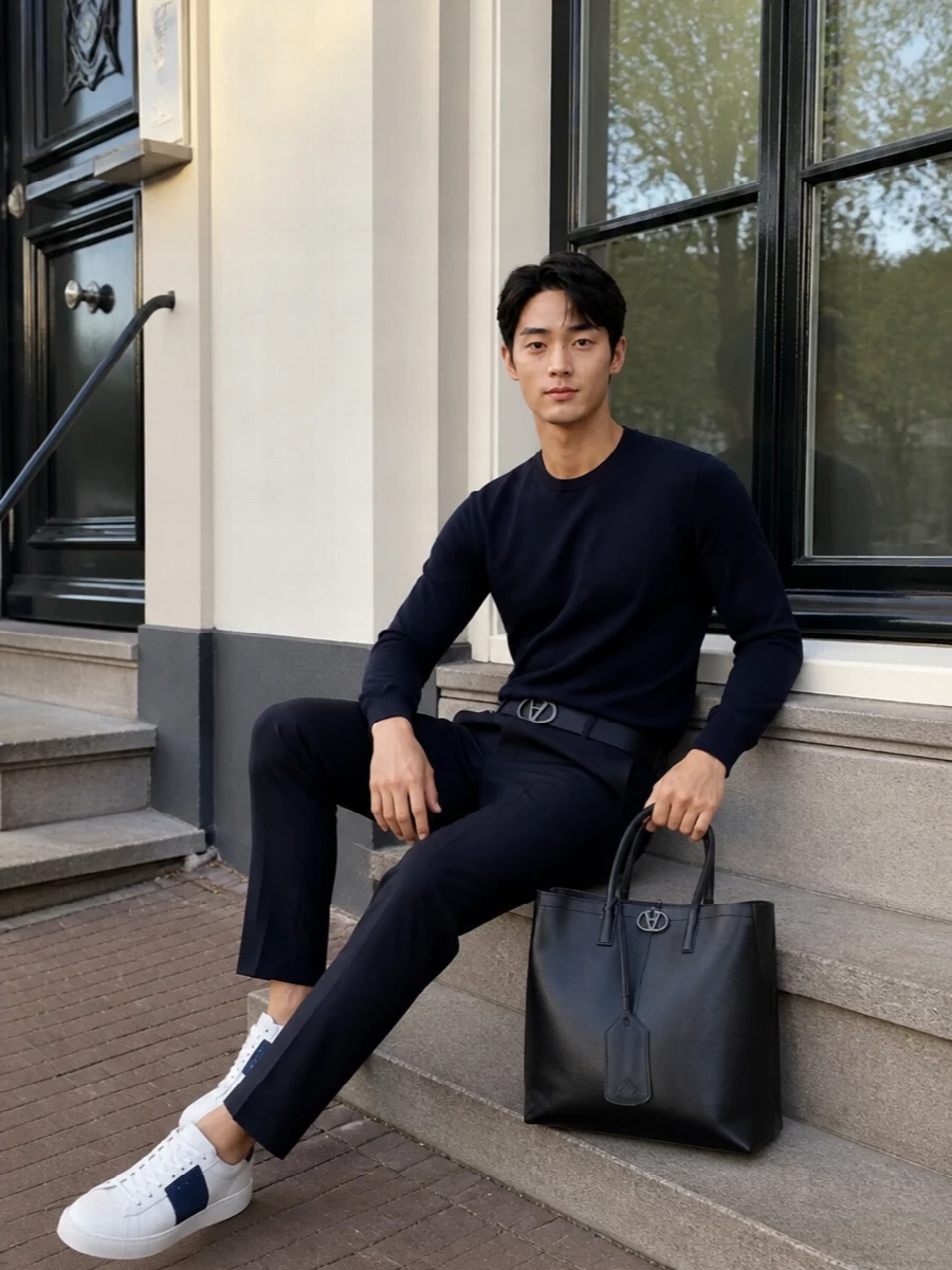 Valentino navy sweatshirt tailored trousers sneakers