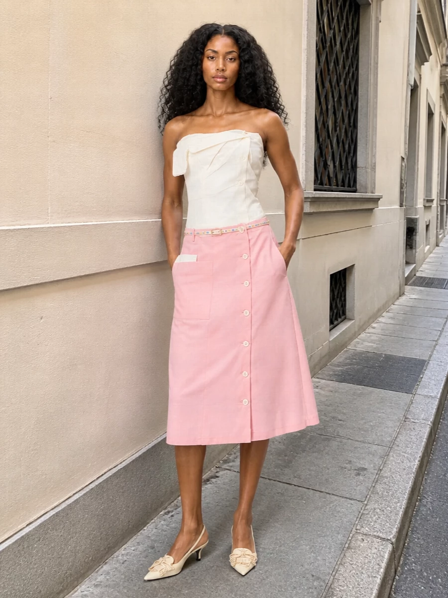 Miu miu pastel pink skirt ivory strapless outfit