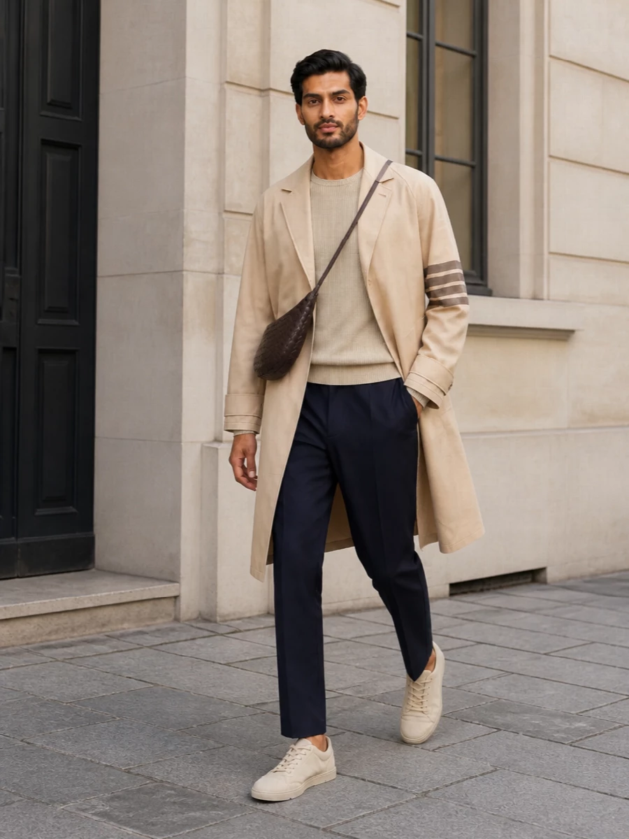 Thom browne beige coat city outfit