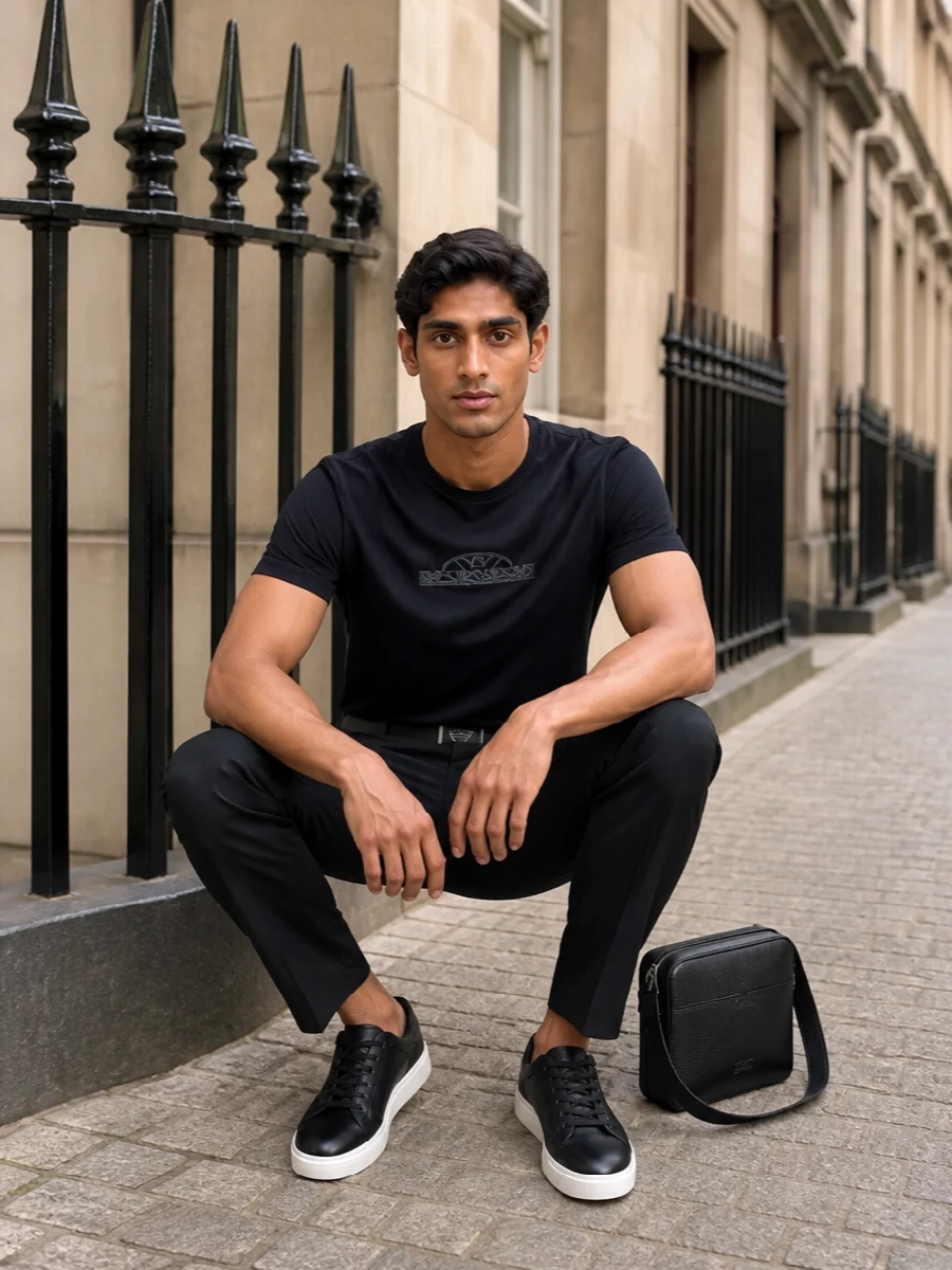 Emporio Armani’s black logo tee is grounded with a clean straight-leg black trouser for a monochrome line that feels sharp but relaxed. Grained black leather sneakers with a white sole keep the energy modern, while a slim black leather crossbody and discreet logo belt add just enough structure. The result is city-ready quiet luxury that moves neatly from daytime errands to low-key evenings.