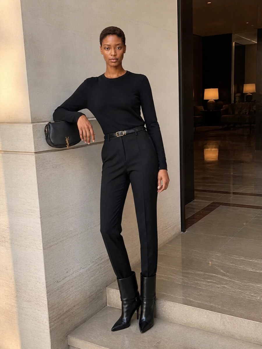 Saint laurent black knit tailored trousers outfit