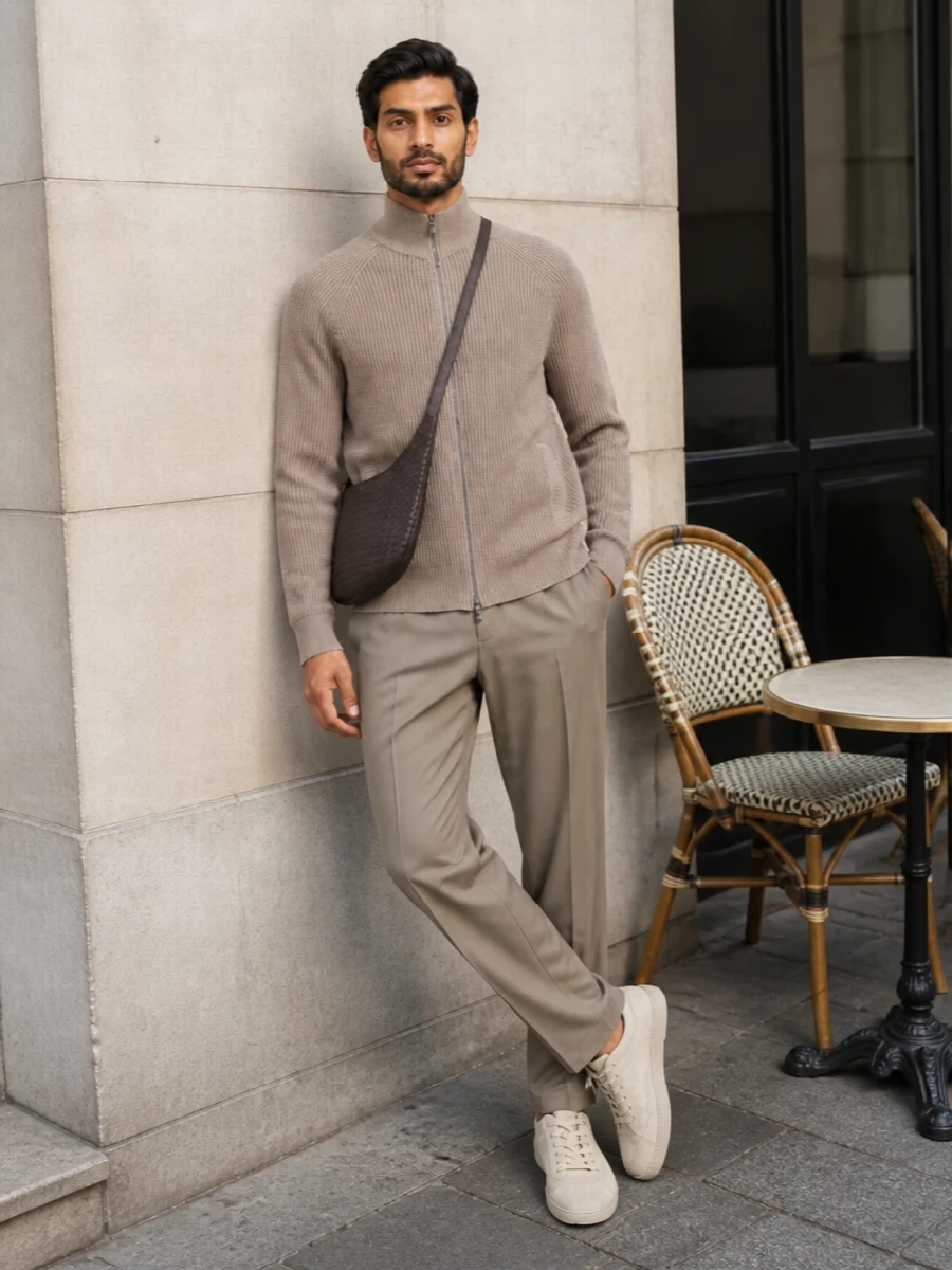 Brunello cucinelli taupe cardigan pleated trousers outfit