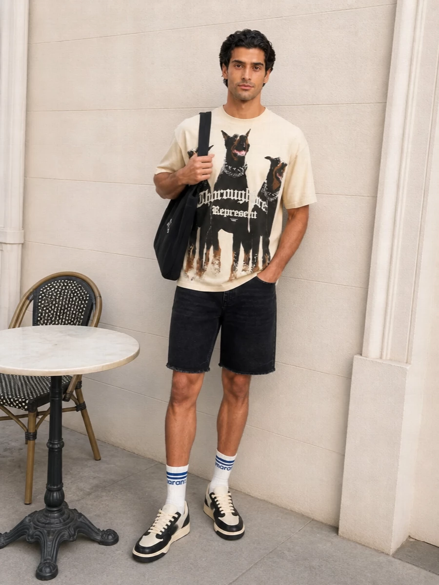 Represent graphic tee black denim shorts outfit