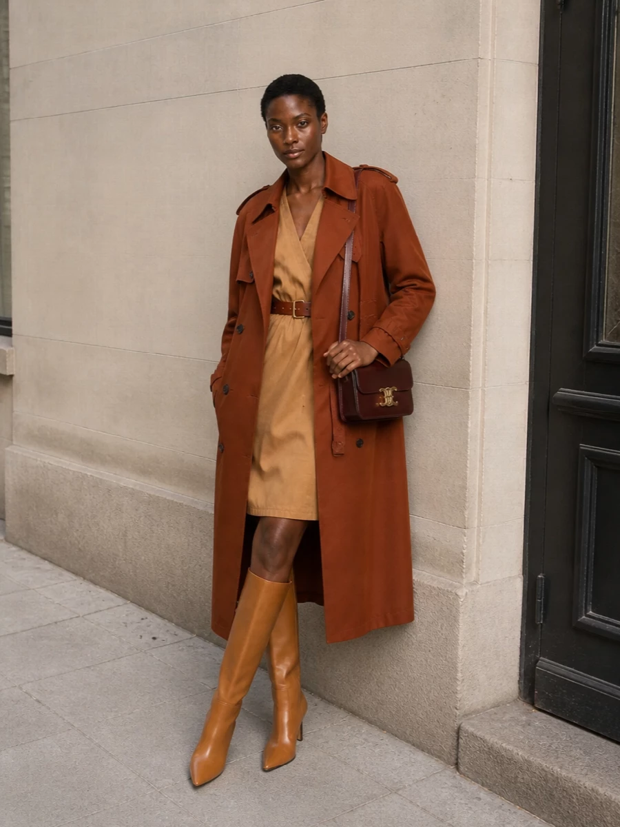 This look leans into a cohesive, trench-centric narrative by pairing the burnt sienna Saint Laurent coat with a camel wrap dress and tonal caramel knee boots, creating an elongated, impeccably tailored column of warm neutrals. The mahogany Celine shoulder bag deepens the palette just enough to add definition and polish, keeping the whole ensemble firmly in the realm of quiet, cinematic SS luxury. I chose the dress path over separates to avoid over-layering tailoring and to let the trench remain the statement outerwear with a clean, uninterrupted line beneath.