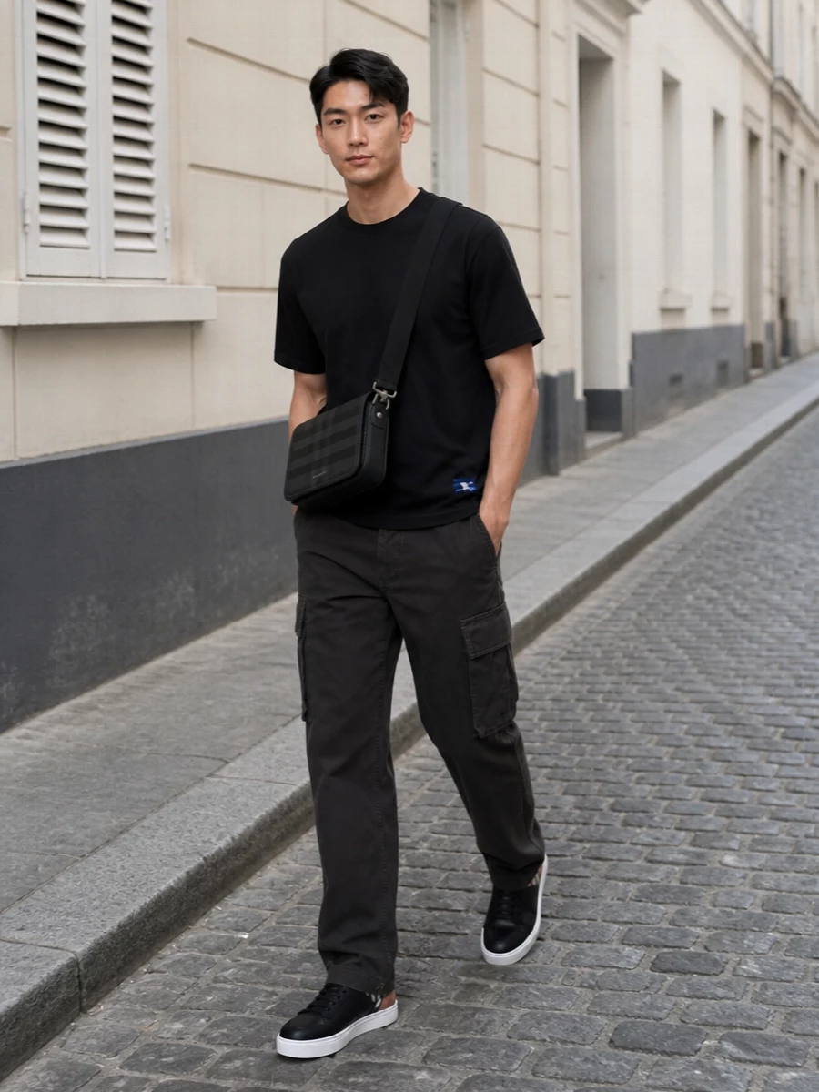 Burberry streetwear cargo pants black t shirt outfit