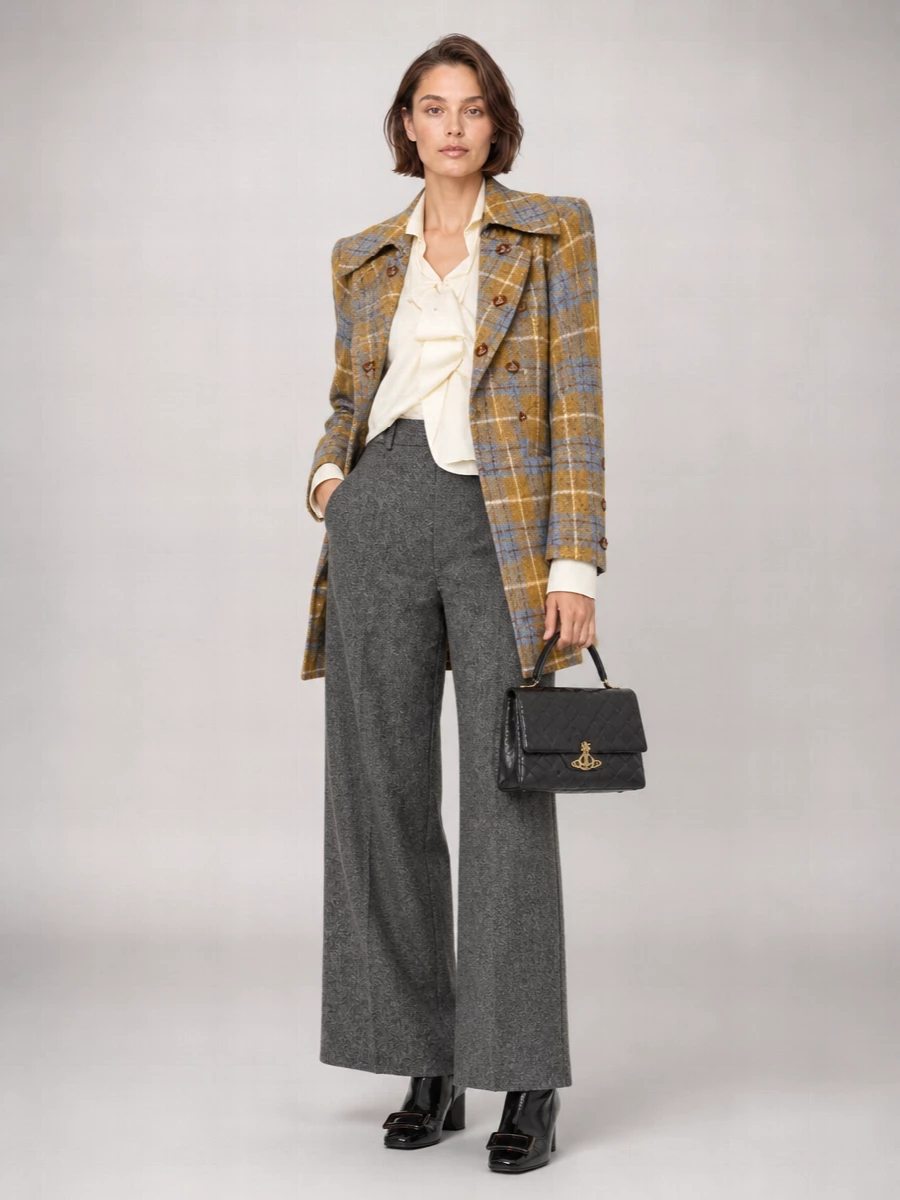 This outfit treats the sculpted plaid coat as the hero, framing it with quiet, precise separates rather than competing pattern. An ivory draped shirt and charcoal herringbone wide-leg trouser honour its British tailoring roots while creating a long, statuesque line under the sharp shoulders. Patent ankle boot pumps and a quilted top-handle bag in black keep the finish formal and luxurious, ideal for city days that slide straight into evening without a change.