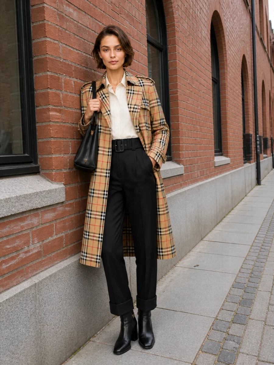 Burberry trench with black tailored trousers