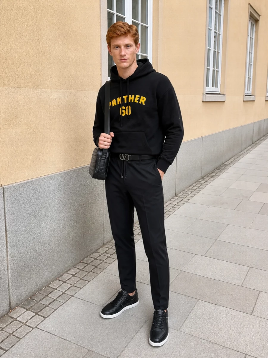 Designer black hoodie track pants streetwear outfit