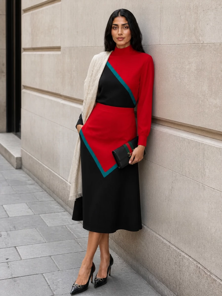 Gucci mock neck blouse a line midi outfit