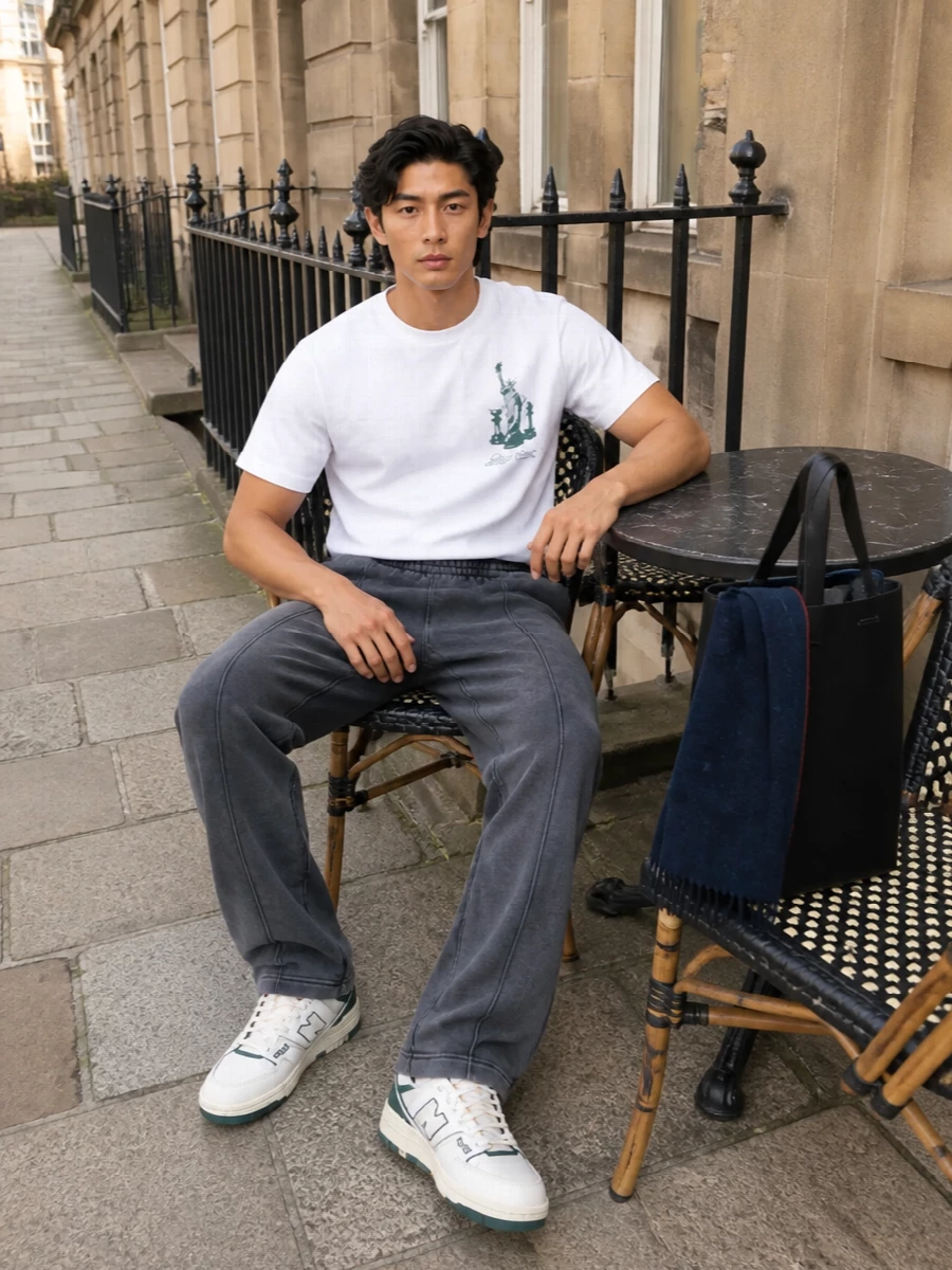 This is a city-uniform take on collegiate streetwear, built around clean lines and a tight white, charcoal and deep green palette. The relaxed straight-leg pant and retro court high-tops keep the proportions easy but intentional, while the structured black tote and graphic scarf add just enough polish for coffee runs, campus days or low-key dinners.