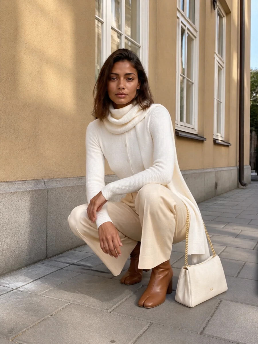 Margiela cardigan cream trousers tabi boots