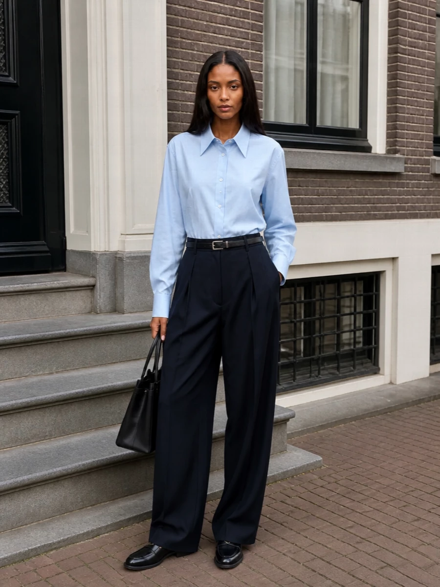 Prada blue shirt navy wide leg trousers outfit