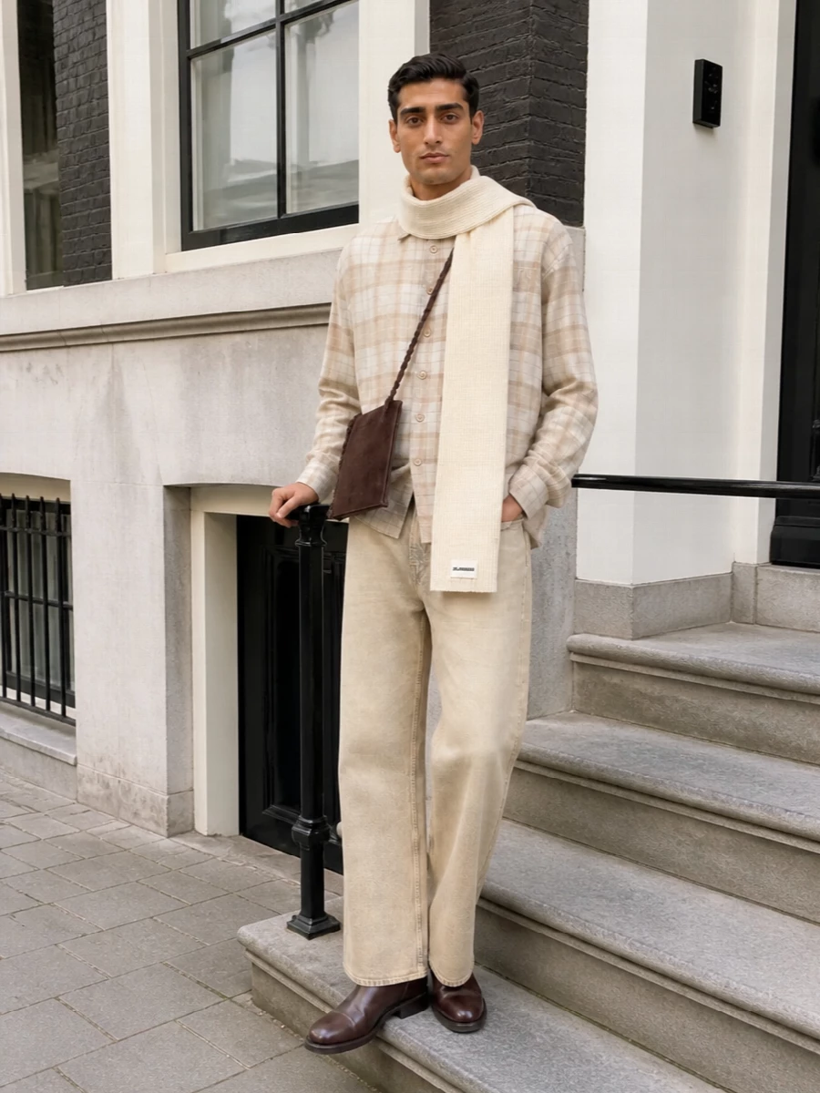 Our legacy check shirt sand wide leg jeans outfit