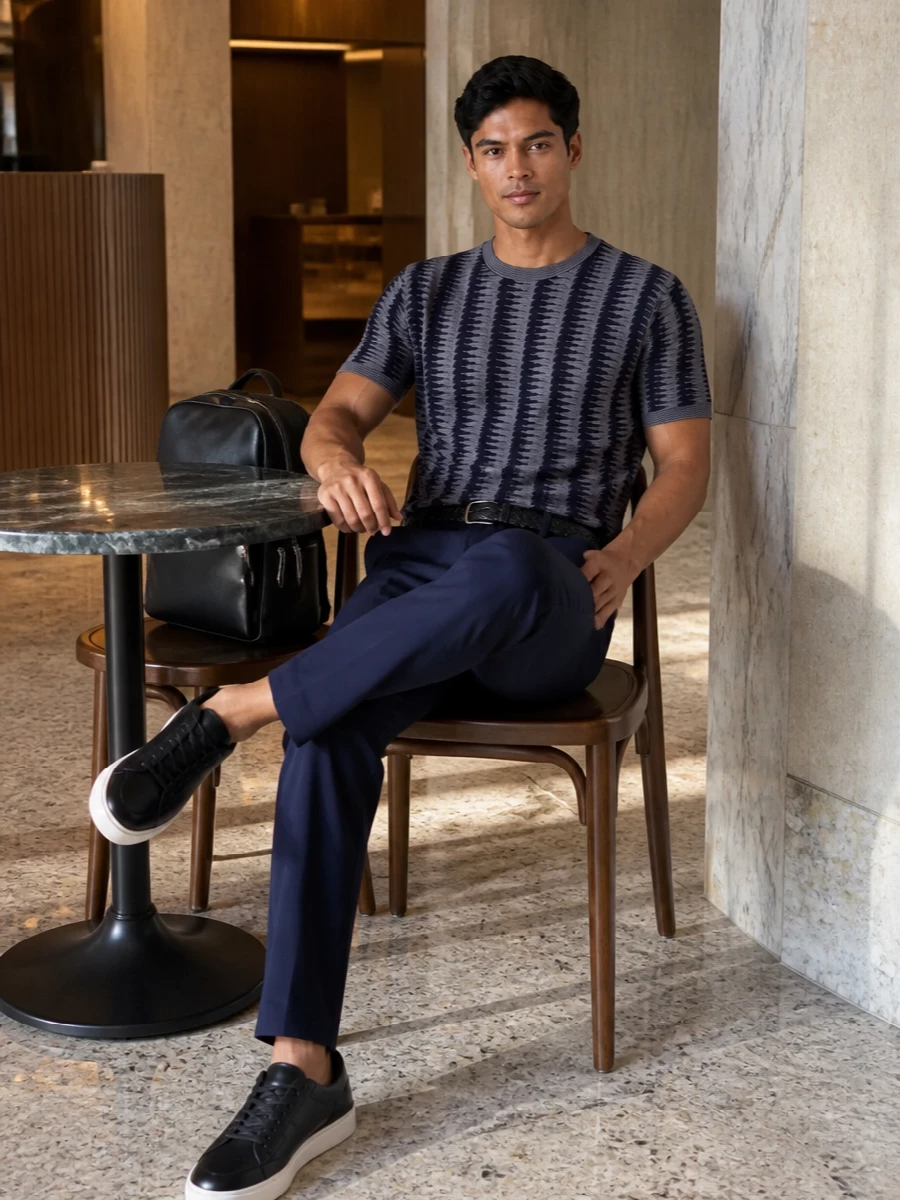 A graphic navy knit meets relaxed straight-leg tailoring for a calm, city-ready take on summer polish. Navy sneakers and a slim braided belt keep the palette tight and understated, while the structured backpack adds just enough edge for commuting or casual dinners. The result is quietly branded Italian refinement that feels considered but still easy to wear all day.