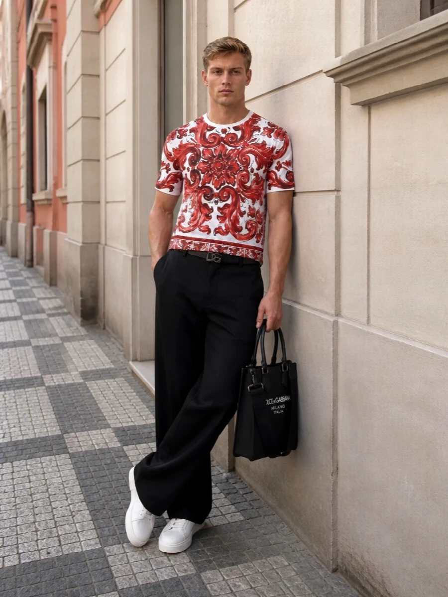Dolce gabbana baroque tee black wide leg trousers