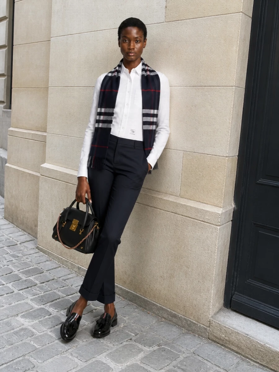 Deep navy tailored trousers are paired with a razor-clean white Thom Browne button-up for a modern, uniform-inspired office look. Glossy black loafers and a structured black top-handle bag reinforce the quiet-luxury polish, while a navy check scarf introduces just enough pattern and softness for FW without diluting the disciplined silhouette.