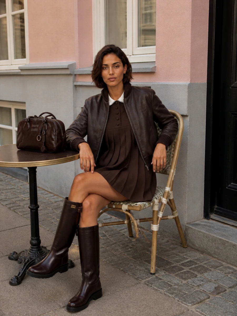 Miu miu brown bomber pleated mini dress outfit