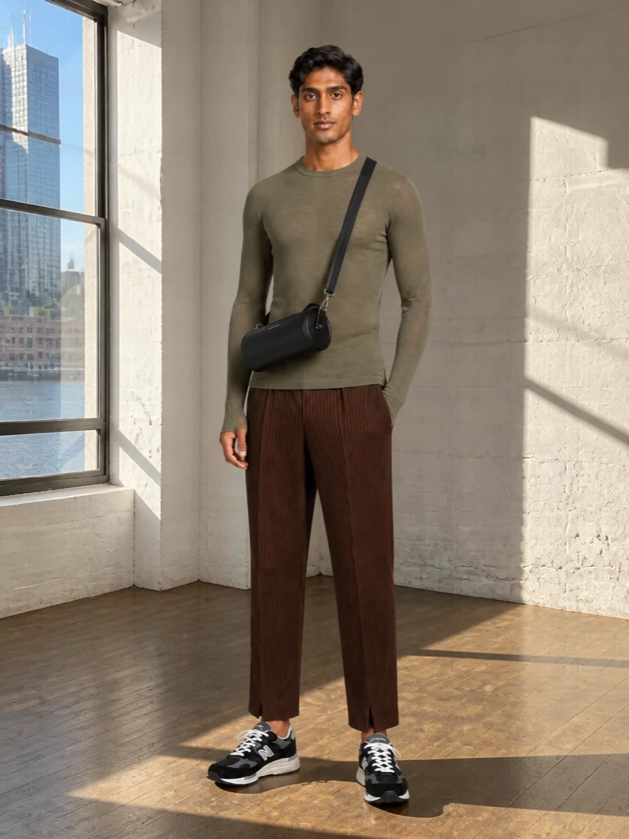 Moss khaki against deep chocolate and black creates a controlled, tonal column that feels quietly severe yet easy to live in. The longline knit skims over the structured pleated trouser, while the technical runner and cylindrical crossbody keep the whole mix grounded, agile and city ready.
