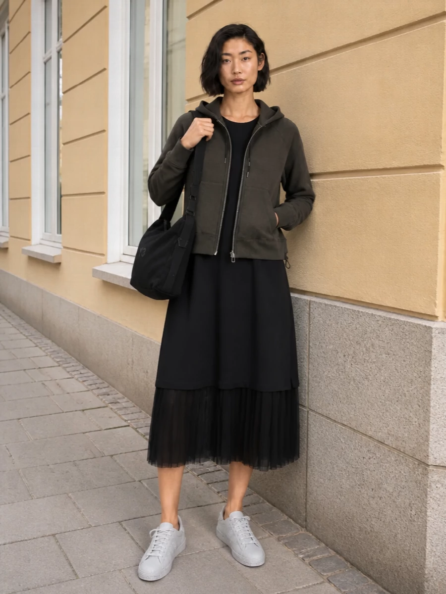 I’m styling the Sacai hoodie over the Moncler midi dress so the cropped technical fleece tops a fluid, pleated base instead of fighting another sweatshirt or cargo. Grey Y-3 sneakers and the matching Y-3 bucket bag keep everything in a restrained black and charcoal story, with just enough sport detail to feel intentional rather than gym-bound. The result is an urban, quietly athletic outfit you can wear from coffee runs to low-key evenings without changing a piece.