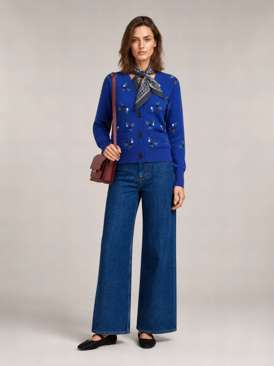 Marni Cashmere Wool Floral Embroidered Ribbed V-Neck Cardigan