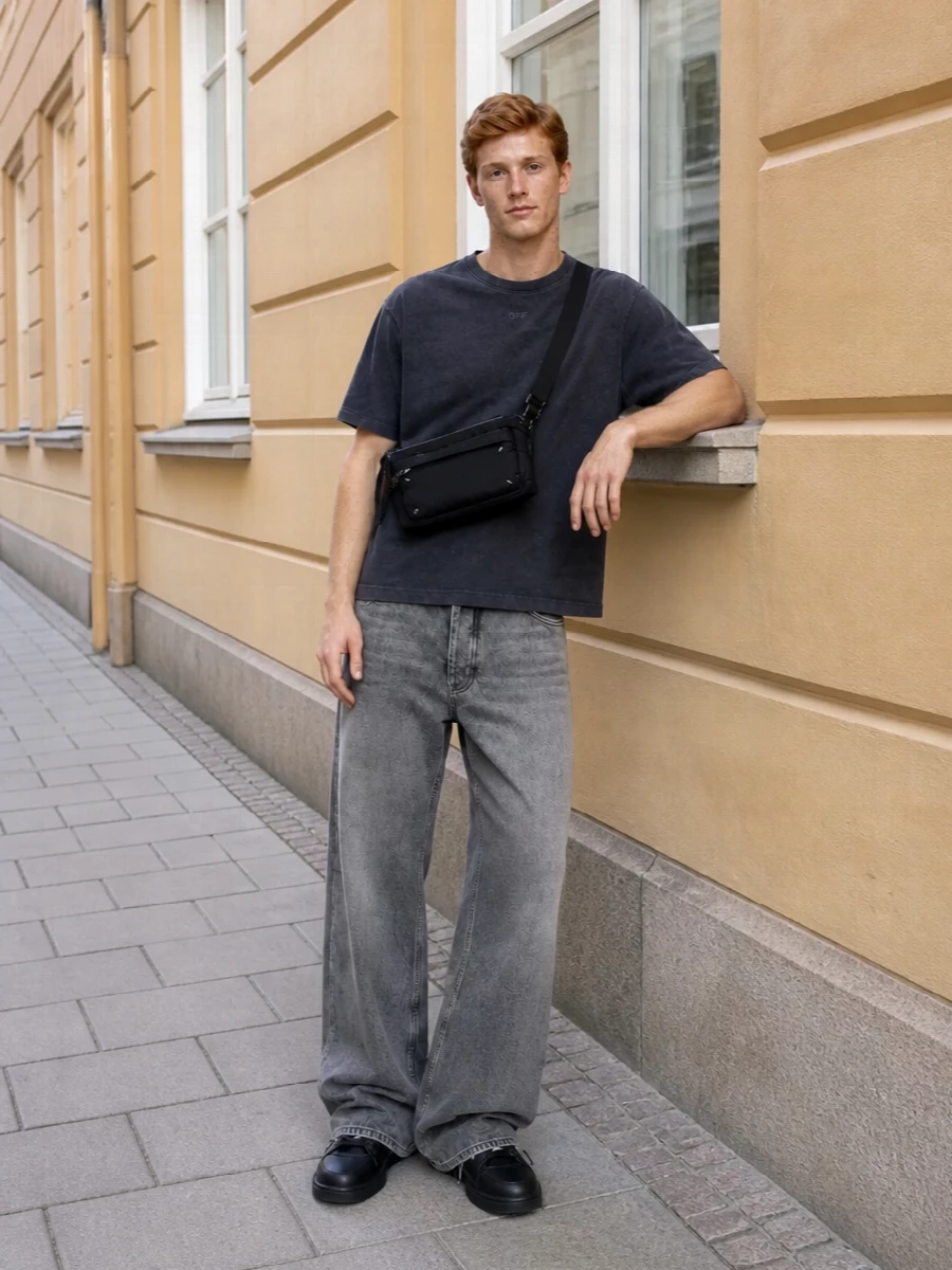 Off white wide leg jeans grey tee black sneakers