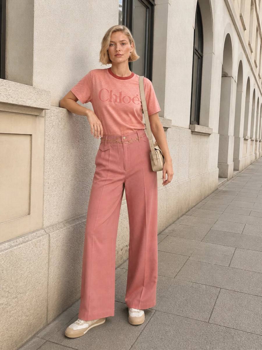 A soft tonal column of peach and dusty rose keeps the Chloé logo tee feeling intentional rather than casual. Wide-leg tailoring, a creamy structured shoulder bag and a whisper of gold at the waist keep the mood relaxed but distinctly polished. Neutral sneakers ground everything in real life so it works from coffee runs to low-key creative meetings.